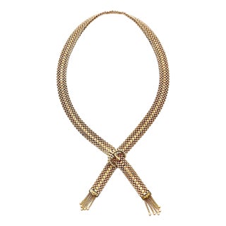 1950s 14k Woven Gold Necklace With Buckle Clasp and Tassels For Sale