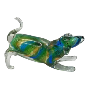 Vintage Murano Styled Hand Blown Blue & Green Swirl Glass Dog Paper Weight