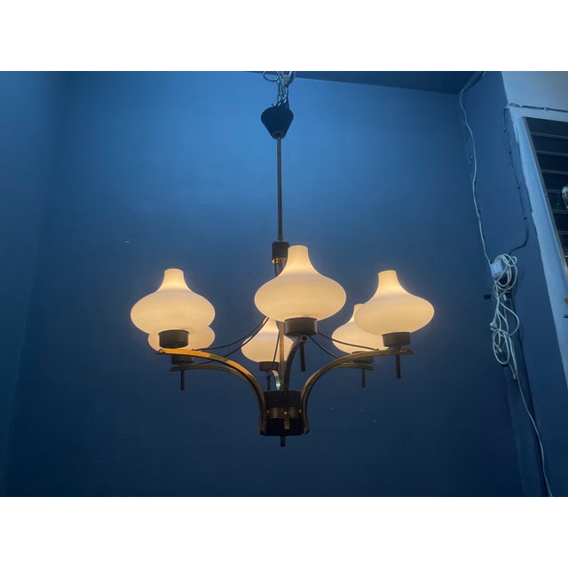 Vintage Brass and Opaline Glass Six-Light Chandelier, 1950s For Sale - Image 10 of 12