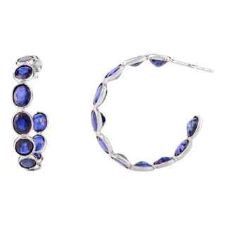 18k Gold Oval 9.07ct Blue Sapphire Modern Bezel Hoop Earrings- 2 Pieces For Sale