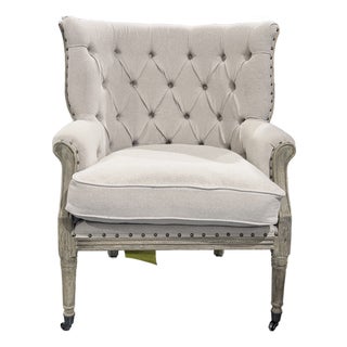 Sarreid Irish Tufted Linen Accent Armchair With Casters For Sale