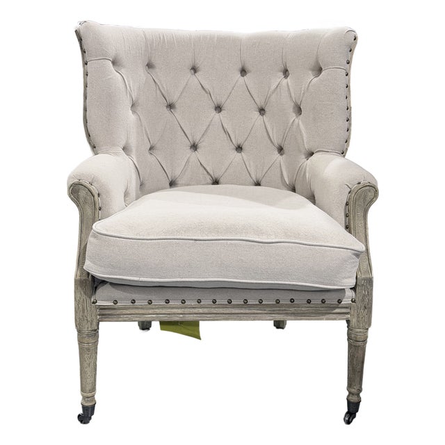 Sarreid Irish Tufted Linen Accent Armchair With Casters For Sale