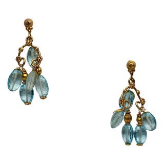 1990s 22k Gold Dangle Chandelier Earrings With Blue Topaz Gemstones, A Pair For Sale