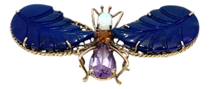 Multi Gemstone Inlaid Butterfly Brooch in 14k Yellow Gold
