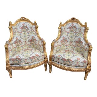 Late20C French Artisan Louis XVI Gold Beech Bergère Pair For Sale