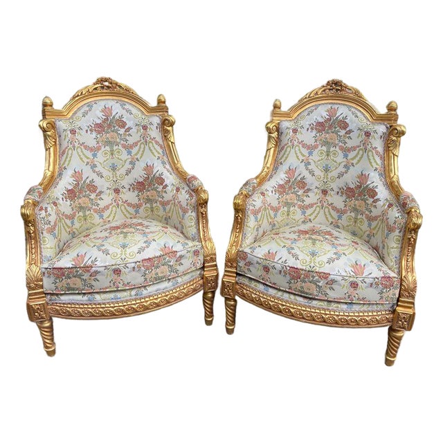 Late20C French Artisan Louis XVI Gold Beech Bergère Pair For Sale