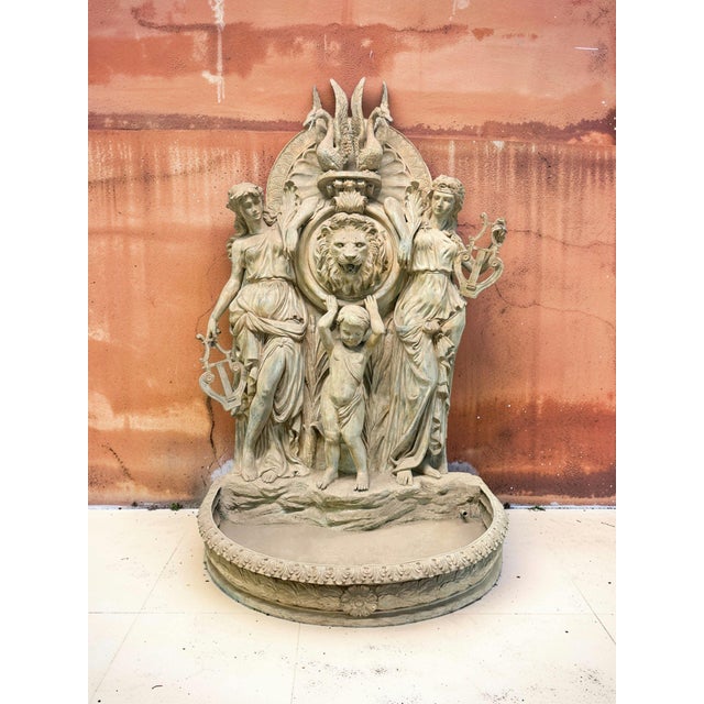 Metal Monumental Bronze Wall Fountain With Muses, Lion's Head & Swan Motif – 94” Tall For Sale - Image 7 of 8