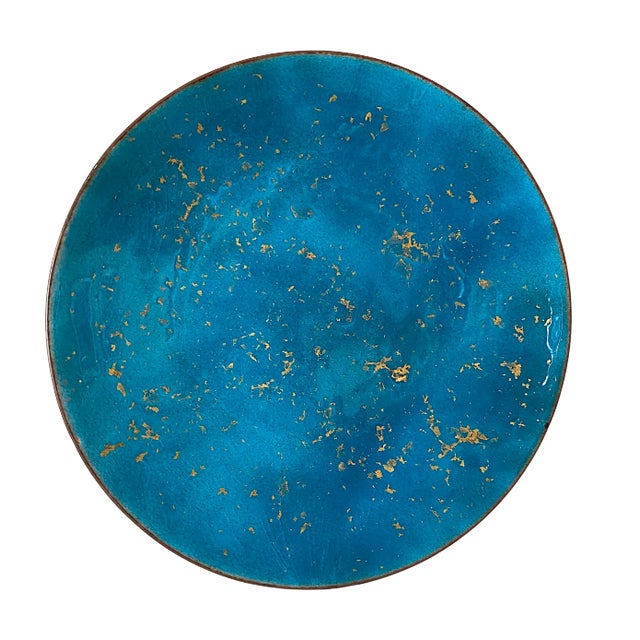 Metal Mid-Century Modern 1960s Bovano Blue and Gold Enamel on Copper Plate Catchall Vide-Poche For Sale - Image 7 of 7