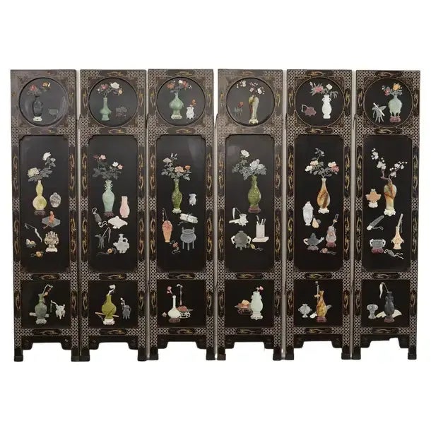 Chinese Export Six Panel Hardstone Lacquer Screen For Sale - Image 13 of 13