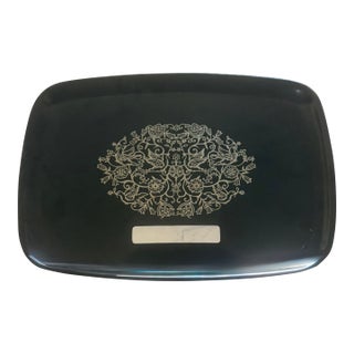 Mid 20th Century Silver Bird and Floral Inlay Black Couroc Tray For Sale