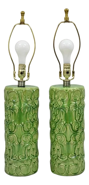 Contemporary Modern Green Glazed Ceramic Scroll Decorated Table Lamps - A Pair