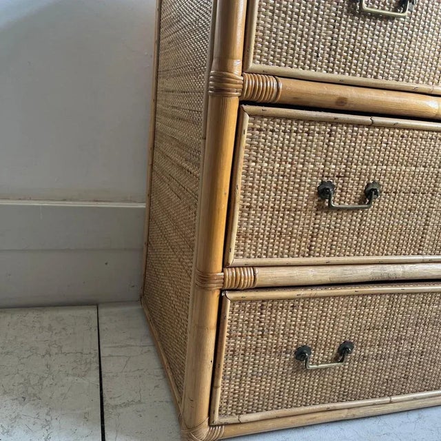 Italian Can and Bamboo Chest of Drawers with Brass Handles, 1960s For Sale - Image 4 of 9