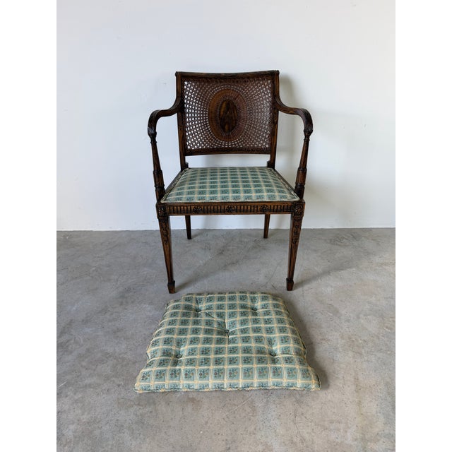 1970s Vintage Hollywood Regency Faux Grain Painted Armchair With Cane Back & Upholstered Seat For Sale - Image 5 of 12
