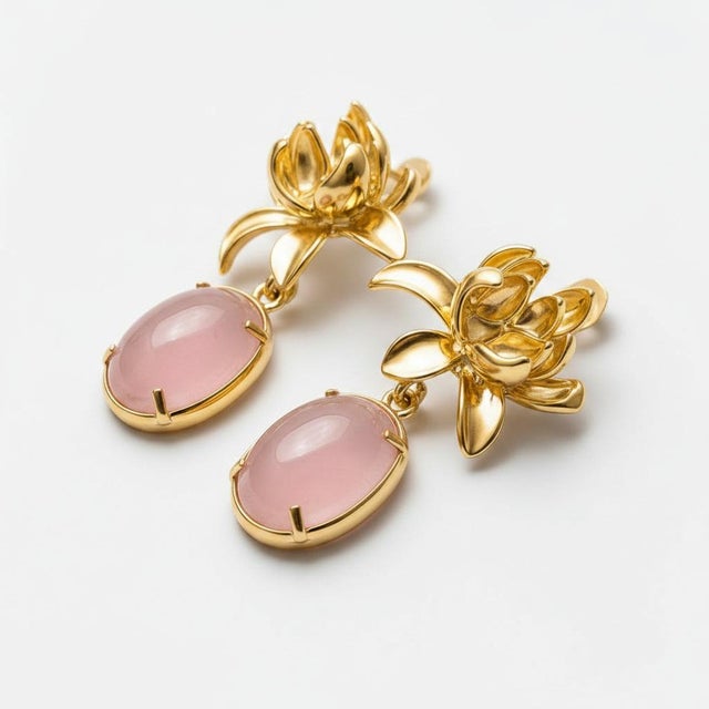 Lotus Rose Quartz Drop Earrings, Pair For Sale - Image 6 of 9