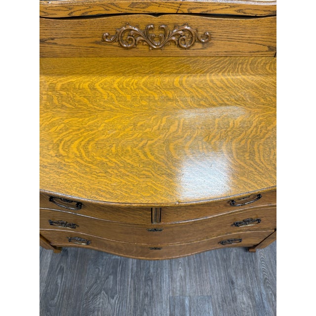 Antique Victorian Tiger Oak Serpentine Dresser With Beveled Mirror For Sale - Image 13 of 17