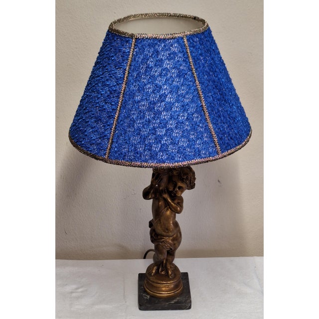 Vintage Table Lamp with Gold-Patinated Putto Base and Fabric Shade from Lamplove, 1970s For Sale - Image 4 of 9