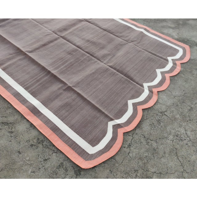 Handmade Cotton Vegetable Dyed Scalloped Edge Rug Brown With Cream and Terracotta Red Border - 8x10 For Sale - Image 6 of 11