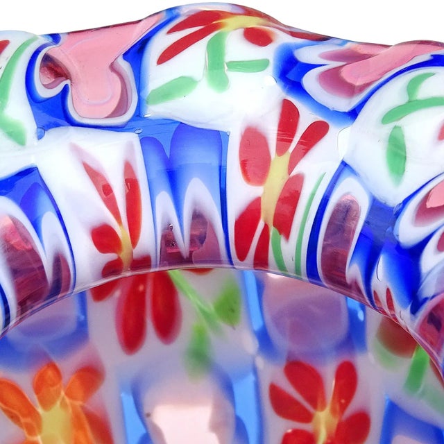 Murano Murano Fratelli Toso Millefiori Daisy Clover Mosaic Vintage Italian Art Glass Ruffle Rim Flower Vase For Sale - Image 4 of 7
