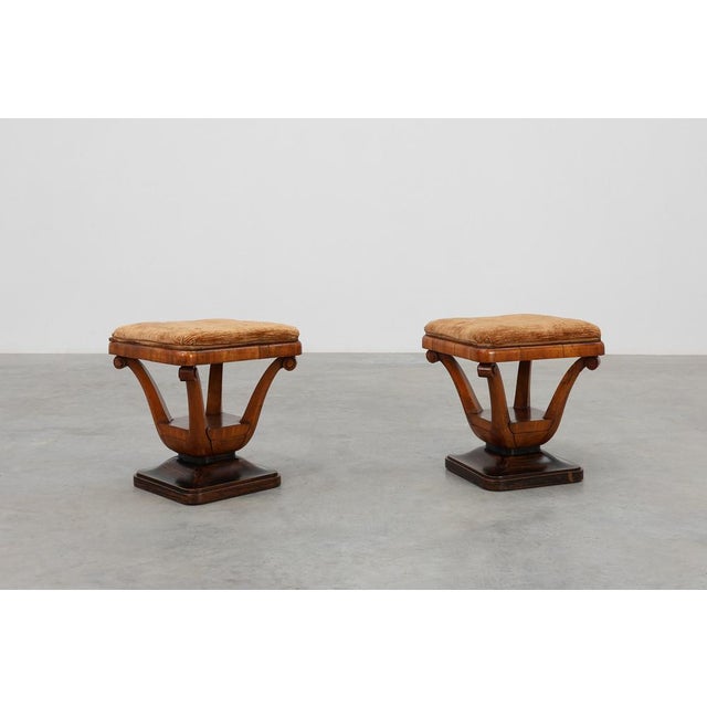 Wood Art Deco Walnut Stools with Fabric, Italy, 1920s, Set of 2 For Sale - Image 7 of 12