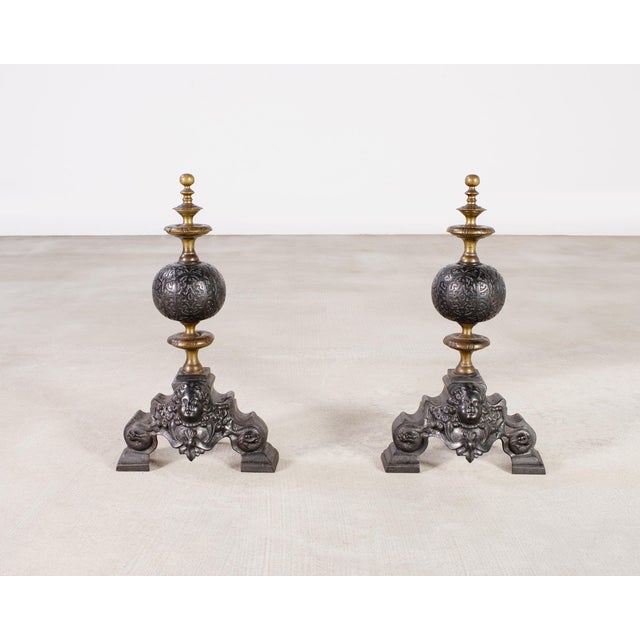 Pair of Dutch Baroque Style Iron Brass Andirons For Sale - Image 15 of 18
