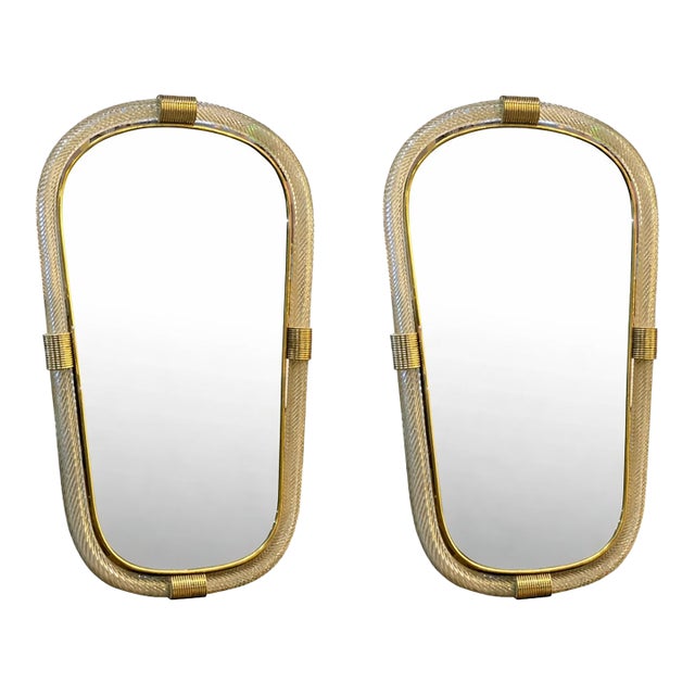 Pair of Italian Murano Glass Wall Mirrors in Gold Leaf “Torciglione” Venetian Design For Sale
