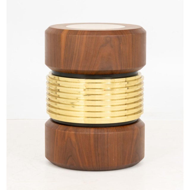 Hannoi Walnut and Gold-Tone Brass Side Table. 20" H x 14.25" Diameter. Provenance: From a Fifth Avenue Collection.