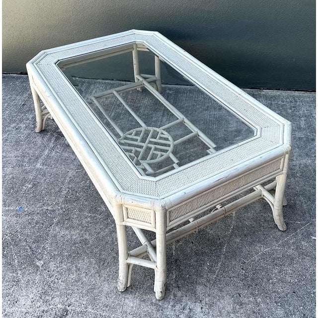 White Vintage Rattan Fretwork Medallion Coffee Table For Sale - Image 8 of 12