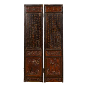 Early 20th Century Chinese Brown & Red Two-Panel Screen with Calligraphy