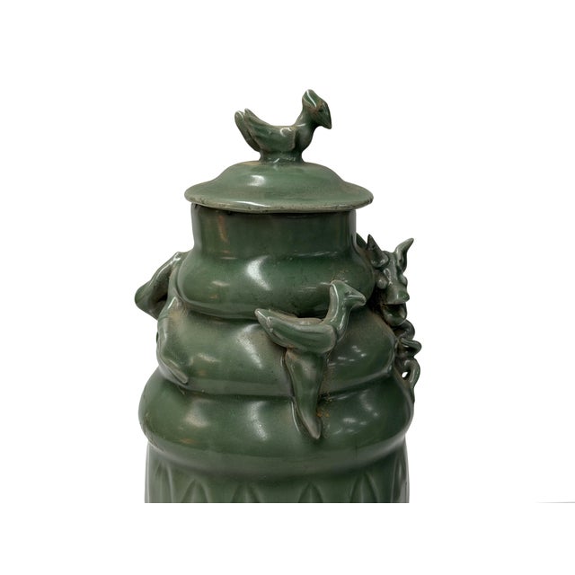Vintage Oriental Dragon Motif Celadon Glaze Ceramic Art Jar For Sale - Image 9 of 10