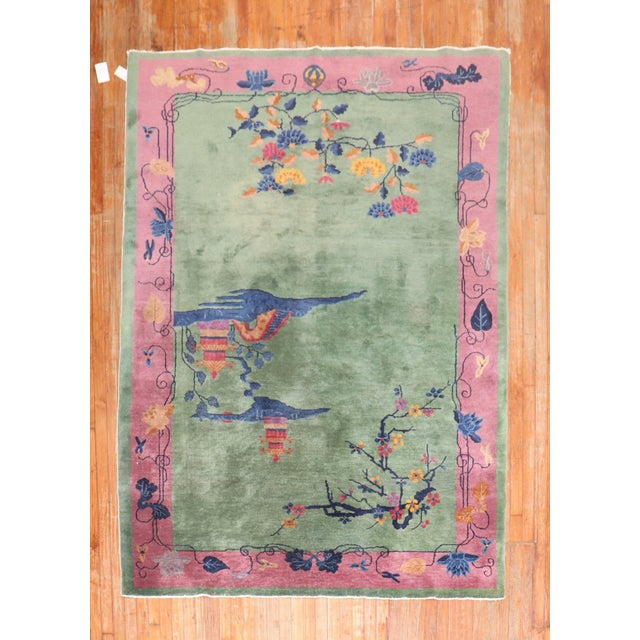 Pink Green Antique Chinese Art Deco Foyer Size Carpet - 6' x 8'6" For Sale - Image 16 of 18