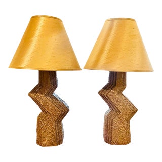 1980s Postmodern Memphis Style Zig Zag Ziggurat Table Lamps by Veras Art Studios With Shades - Pair For Sale