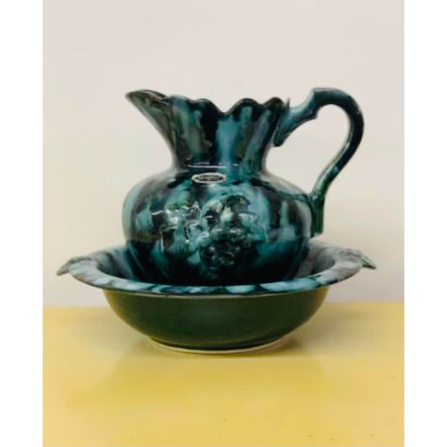 Stunning Blue & Green Ceramic Ewer (Pitcher) & Basin made by Arkansas Pottery. Original sticker in place and maker’s mark...