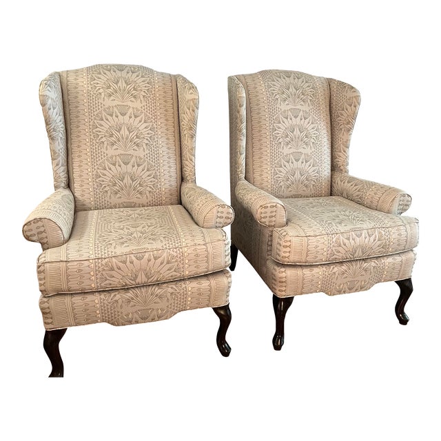 Pair of Vintage Queen Anne Wingback Chairs With New Thibaut Fabric