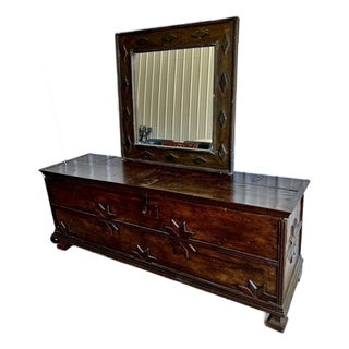 Late 19th Century Monumental 77" Antique Spanish Mudéjar-Style Coffer — Hand-Forged Iron, Applied Star Motifs For Sale