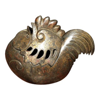 Antiqued Bronze Rooster Incense Burner - Chinese Gilt Metal Bird Sculpture For Sale