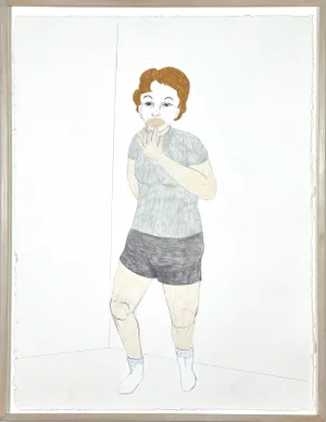 1990s "Girl in Gym Clothes" Figurative Mixed-Media Drawing by Karen Yasinsky, Framed