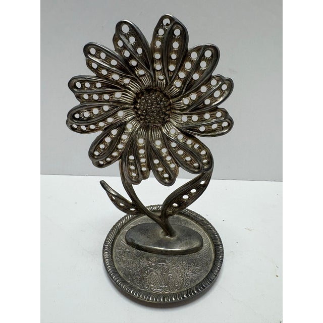 Hollywood Regency Vintage Silver Tone Flower Figurine | Pierced Metal Daisy Sculpture | Hollywood Regency Vanity Decor | Mid Century Floral Accent For Sale - Image 3 of 7