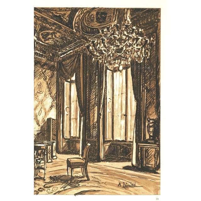 French 1925 French Antique Interior Lithograph-Chateau Fontainebleau, Matted For Sale - Image 3 of 4