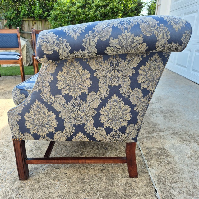 Mid-20th Century Blue Damask Camelback Settee Loveseat Petite Sofa Rolled Arms Nailhead Trim For Sale In Washington DC - Image 6 of 16