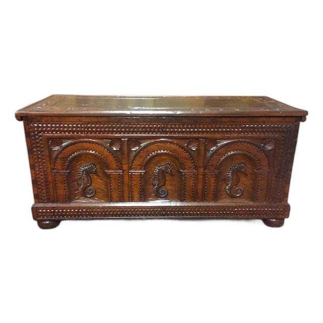 Vintage Blanket Chest, Seahorse Carved Trunk For Sale