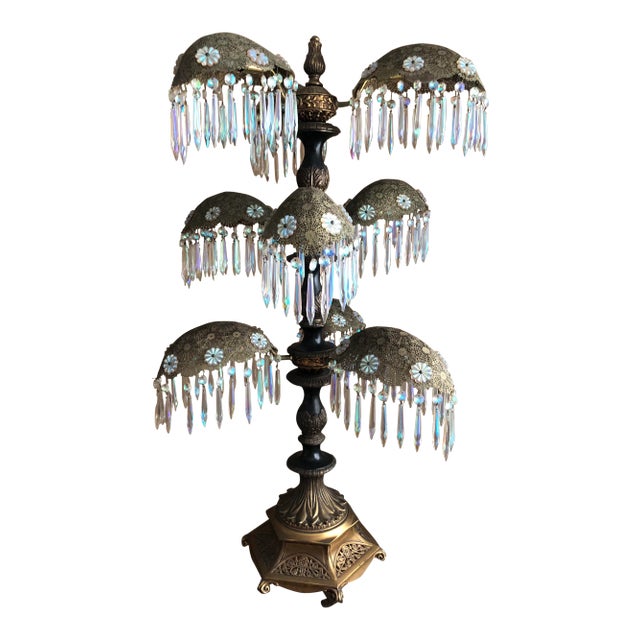 Vintage Art Deco Nouveau Crystal Filigree Brass Chandelier Table Lamp For Sale - Image 10 of 10