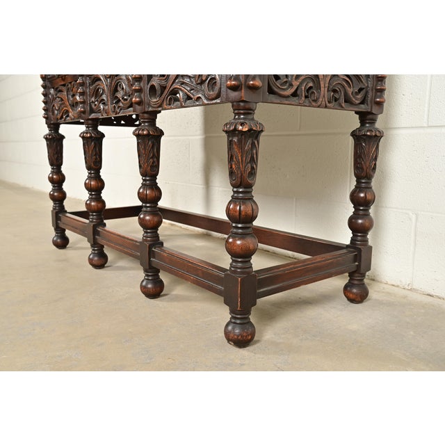 Lifetime Furniture Antique English Jacobean Carved Oak Drop Front Secretary Desk, Circa 1920s For Sale - Image 11 of 16