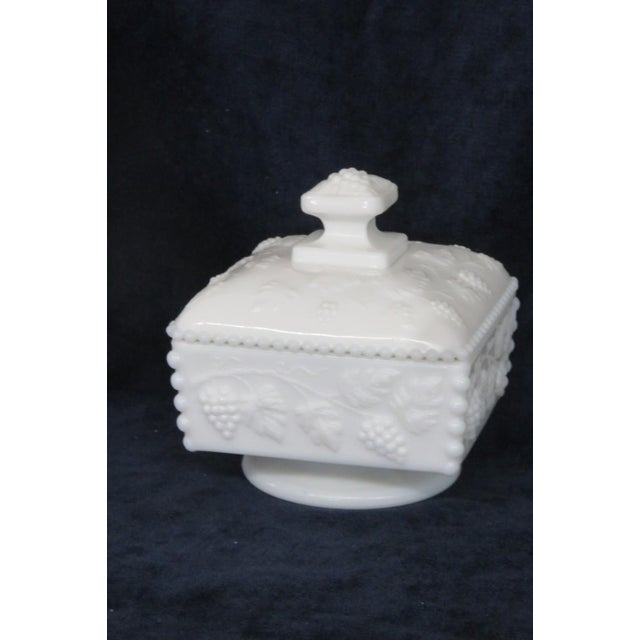 Glass Early 20th Century Westmoreland White Milk Glass Beaded Grape Footed Candy Dish With Lid For Sale - Image 7 of 14