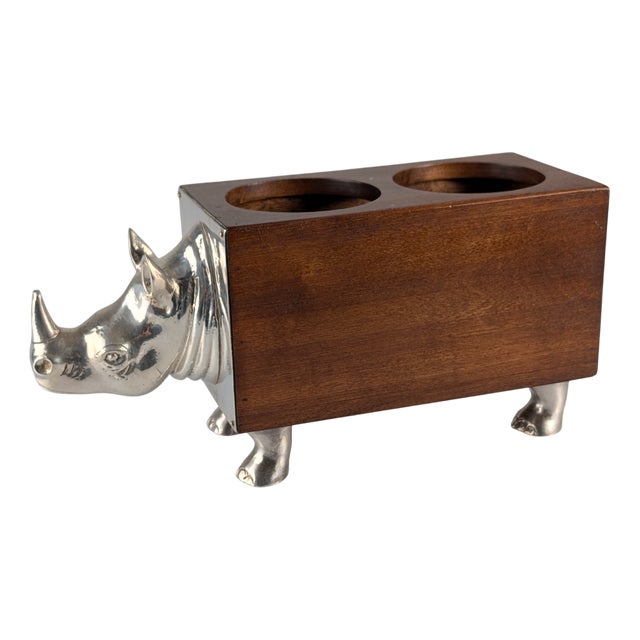 Almazán Rhino Bottle Holder in Wood and Nickel Silver, 1960s For Sale