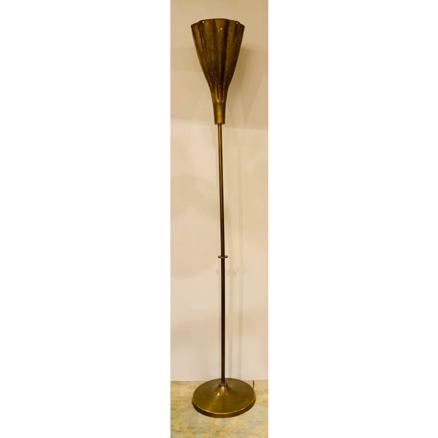 Currey & Co. Modern Pierced Antique Brass Finished Torchiere Floor Lamp Prototype For Sale In Atlanta - Image 6 of 6