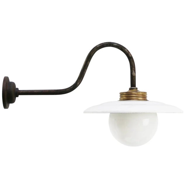 White Vintage Industrial White Enamel, Brass and White Opaline Wall Light For Sale - Image 8 of 8