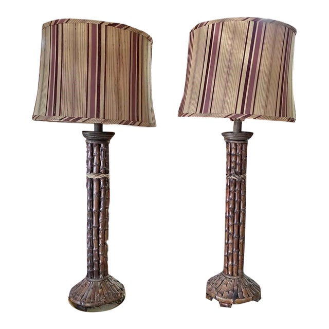 Vintage Real Bamboo Column Table Lamps, a Pair For Sale