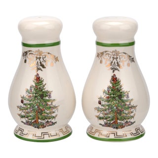 Spode Christmas Tree Gold Salt/Pepper Shakers 4" For Sale