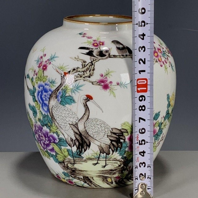 Vintage Chinese Famille Rose "Cranes & Peonies" Jar With Marchant London Label For Sale - Image 4 of 9
