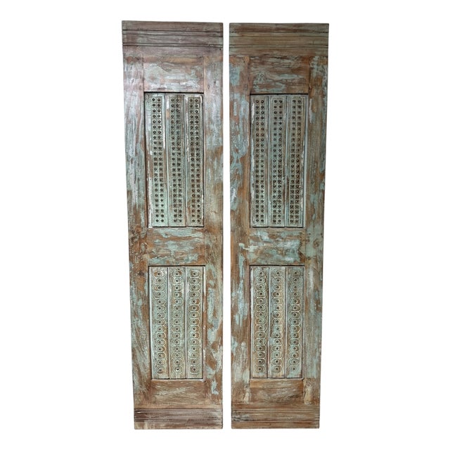 Antique Indian Carved Wood Doors With Brass Studs – Rustic Farmhouse Barn Doors 80x40 For Sale